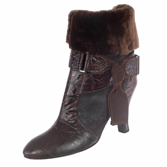 NEW STUDIO POLLINI Mid-Calf Boots Brown Shearling Croc Embossed Sz 6 ITALY $950 - Picture 1 of 7